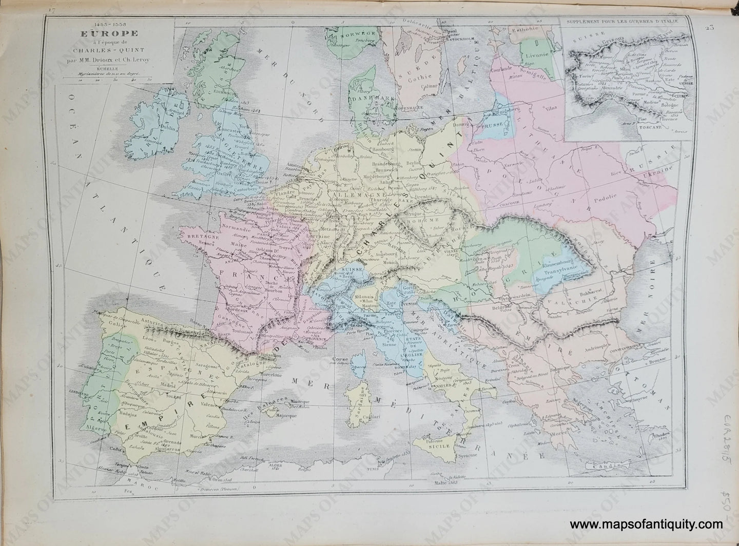 Genuine-Antique-Map-1453-1558-Europe-at-the-time-of-Charles-V---1453-1558-Europe-a-l'-epoque-de-Charles-Quint-1875-Drioux-&-Leroy-EUR2815-Maps-Of-Antiquity