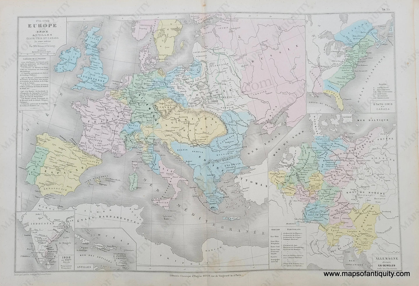 Genuine-Antique-Map-1715-1789-Europe,-India,-West-Indies,-United-States-and-Canada---1715-1789-Europe,-Inde,-Antilles,-Etats-Unis-et-Canada-1875-Drioux-&-Leroy-EUR2818-Maps-Of-Antiquity