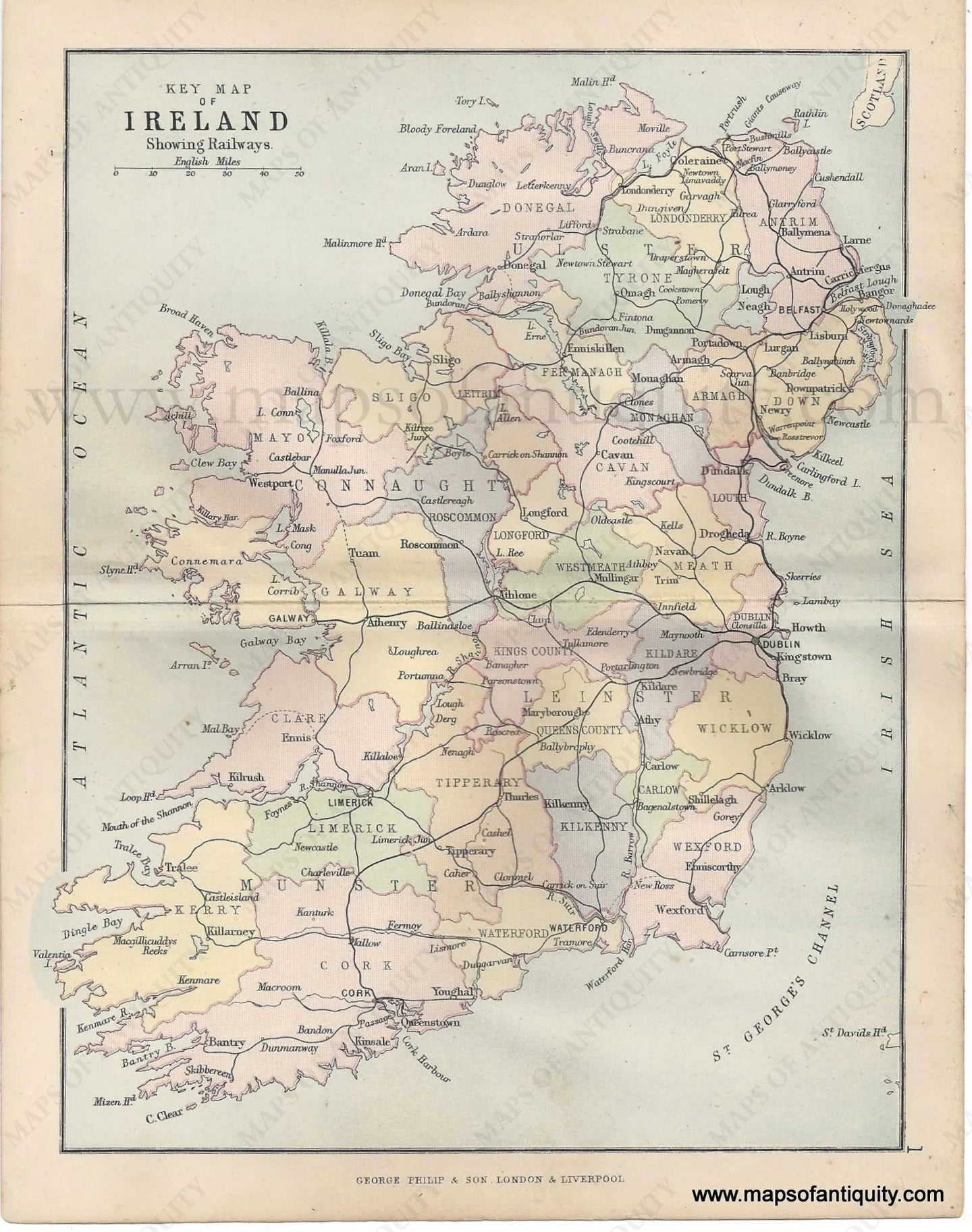 Genuine-Antique-Map-Key-Map-of-Ireland-Showing-Railroads-1884-George-Philip-&-Son-Maps-Of-Antiquity