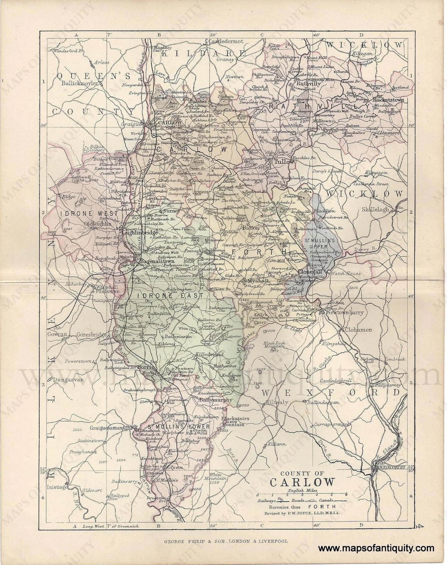 Genuine-Antique-Map-Ireland-County-of-Carlow-1884-George-Philip-&-Son-Maps-Of-Antiquity