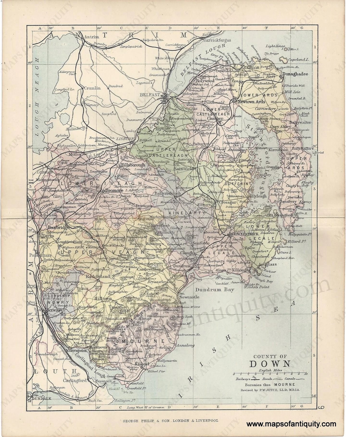 Genuine-Antique-Map-Ireland-County-of-Down-1884-George-Philip-&-Son-Maps-Of-Antiquity