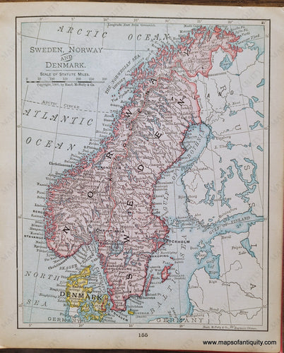 Genuine-Antique-Map-Sweden-Norway-and-Denmark-1900-Rand-McNally-Maps-Of-Antiquity