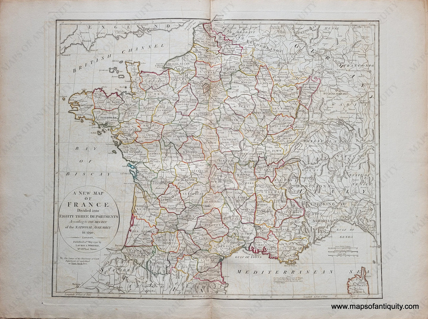 Genuine-Antique-Map-A-New-Map-of-France-Divided-into-Eighty-Three-Departments-According-to-the-Decree-of-the-National-Assembly-in-1790.-1794-Laurie-and-Whittle-Maps-Of-Antiquity