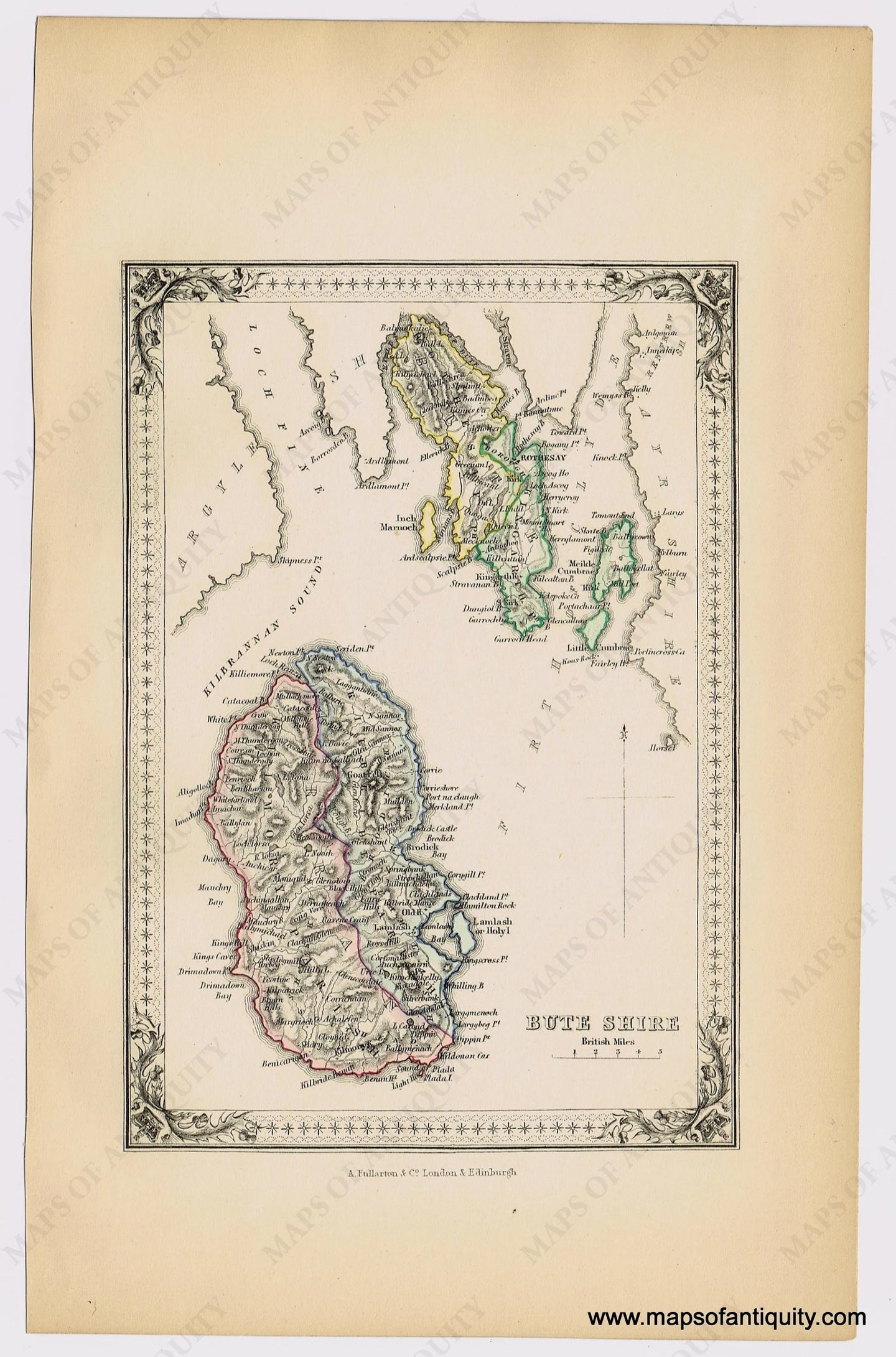 Genuine-Antique-Hand-colored-Map-Bute-Shire-Scotland--1855-A-Fullarton-Co--Maps-Of-Antiquity