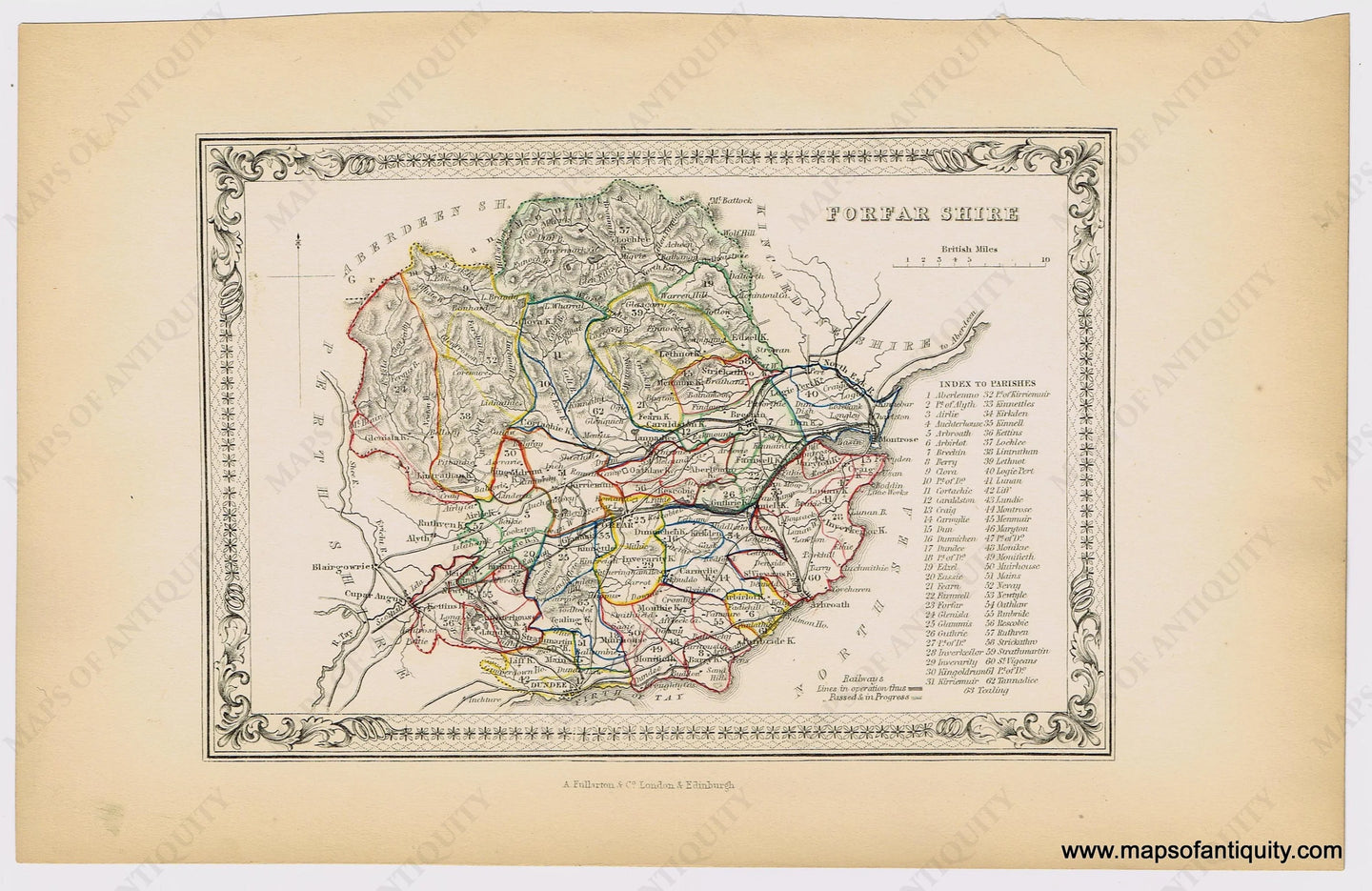 Genuine-Antique-Hand-colored-Map-Forfar-Shire-Scotland--1855-A-Fullarton-Co--Maps-Of-Antiquity