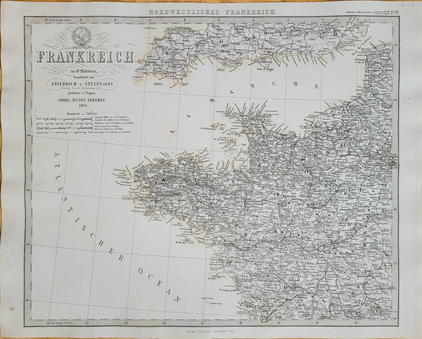Antique-Hand-Colored-Map-Northwest-France---Der-Nord-Westliche-Theil-von-Frankreich-Europe-France-1856-Stieler-Maps-Of-Antiquity