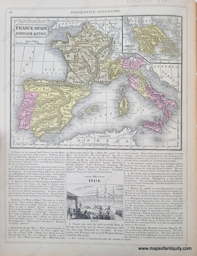 Genuine-Antique-Hand-Colored-Map-Double-sided-page-France-Spain-Portugal-Italy-verso-Switzerland-1850-Mitchell-Thomas-Cowperthwait-Co--Maps-Of-Antiquity