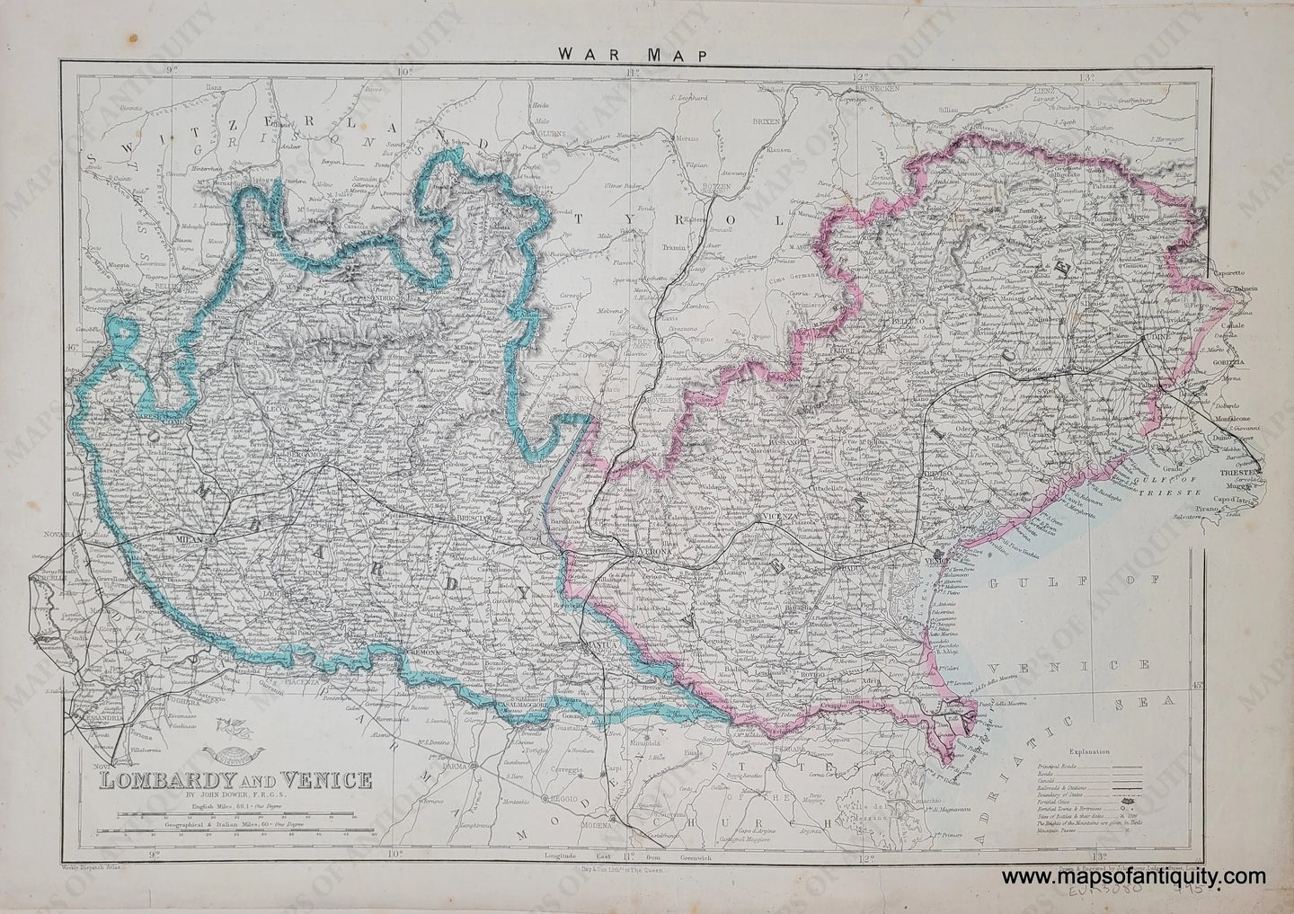 Genuine-Antique-Hand-colored-Map-War-Map-Lombardy-and-Venice-1866-Dower-Maps-Of-Antiquity