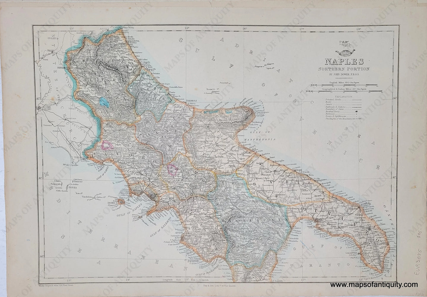 Genuine-Antique-Hand-colored-Map-Naples-Northern-Portion-1866-Dower-Maps-Of-Antiquity