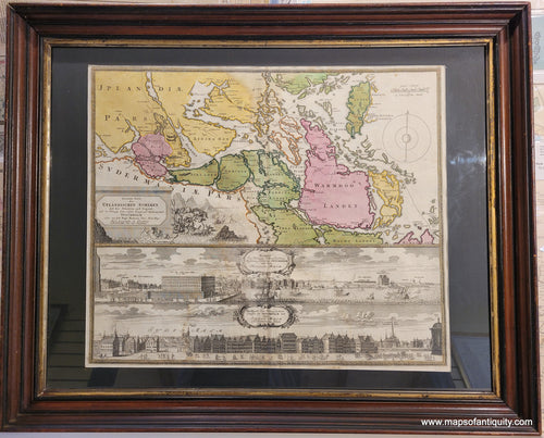 Framed antique map of Stockholm Sweden by Homann (Heirs) circa 1730 with hand-colored map of the vicinity of Stockholm at top and two uncolored views at bottom