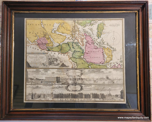 Framed antique map of Stockholm Sweden by Homann (Heirs) circa 1730 with hand-colored map of the vicinity of Stockholm at top and two uncolored views at bottom