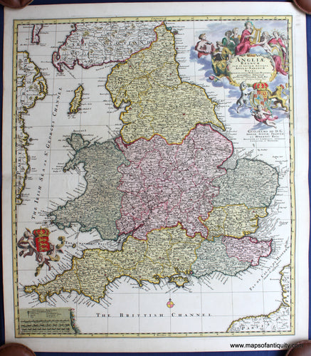 Colorful Genuine Antique Map of England and Wales-United-Kingdom-UK-Britain-Great-Britain-Angliae-Regnum-tam-in-Septem-Antiqua-Anglo-Saxonum Regna-1693-Visscher-Maps-Of-Antiquity