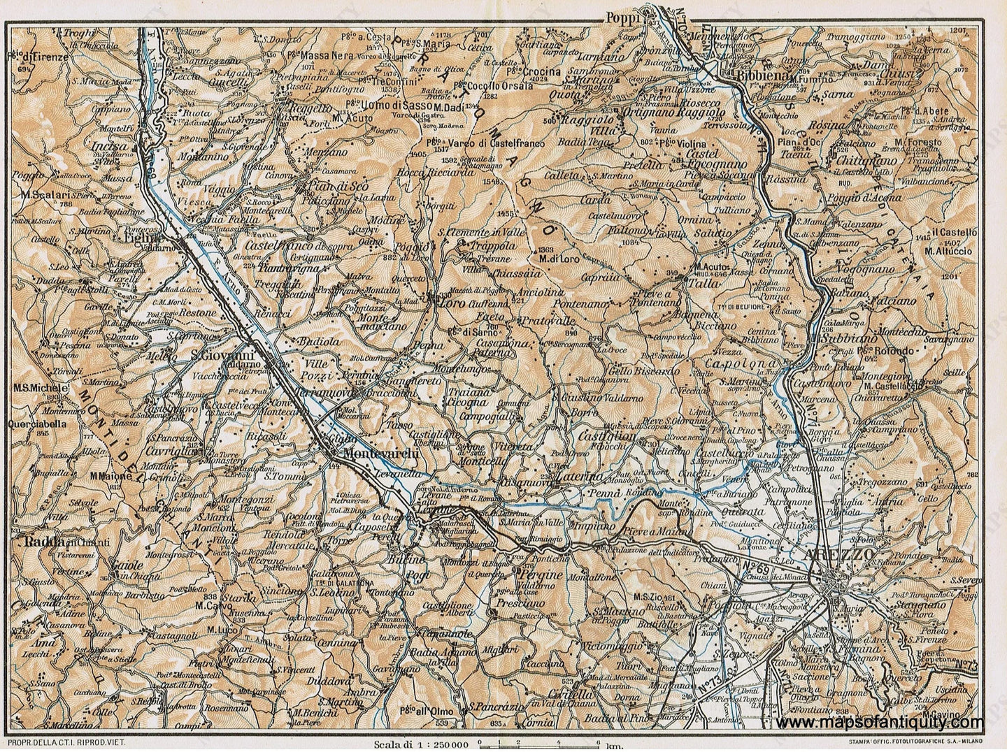 Genuine-Antique-Map--Arezzo-Montevarchi-Italy-1935-Guida-D-italia--Maps-Of-Antiquity