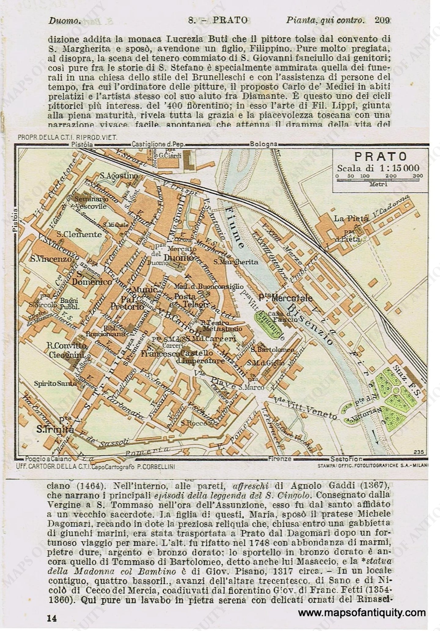 Genuine-Antique-Map--Prato-Italy-1935-Guida-D-italia--Maps-Of-Antiquity