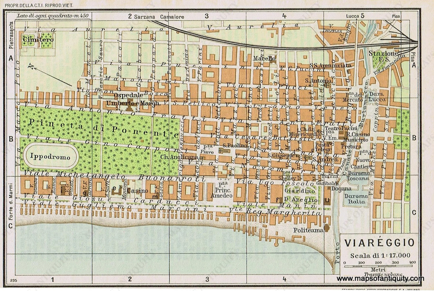 Genuine-Antique-Map--Viareggio-Italy-1935-Guida-D-italia--Maps-Of-Antiquity