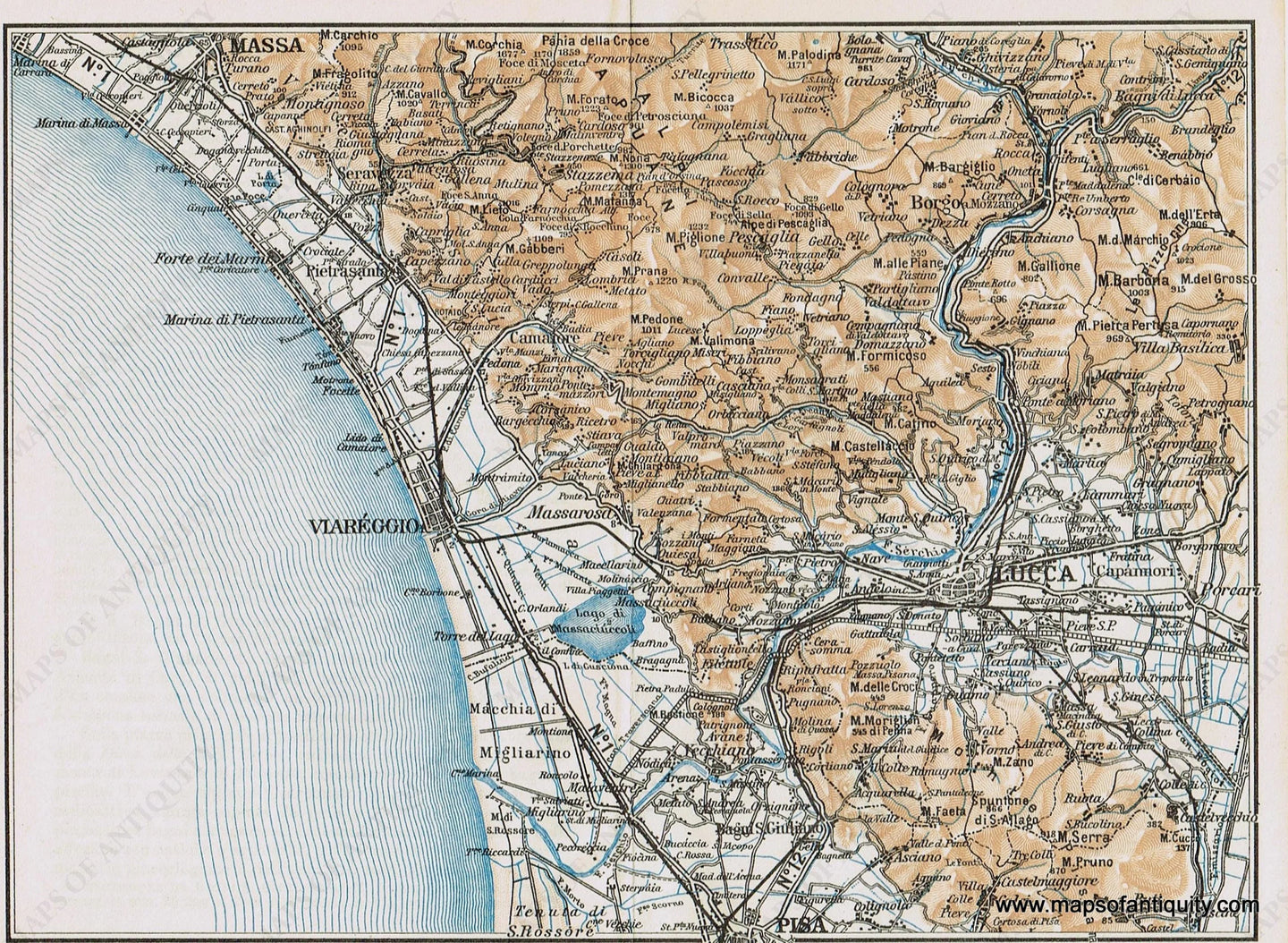 Genuine-Antique-Map--Viareggio-Lucca-Italy-1935-Guida-D-italia--Maps-Of-Antiquity