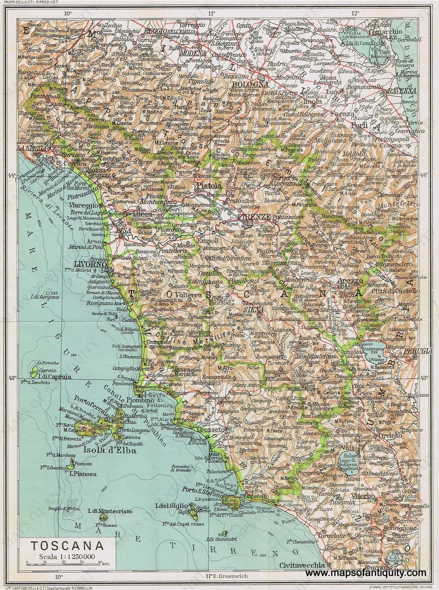 Genuine-Antique-Map--Toscana-Italy-1935-Guida-D-italia--Maps-Of-Antiquity