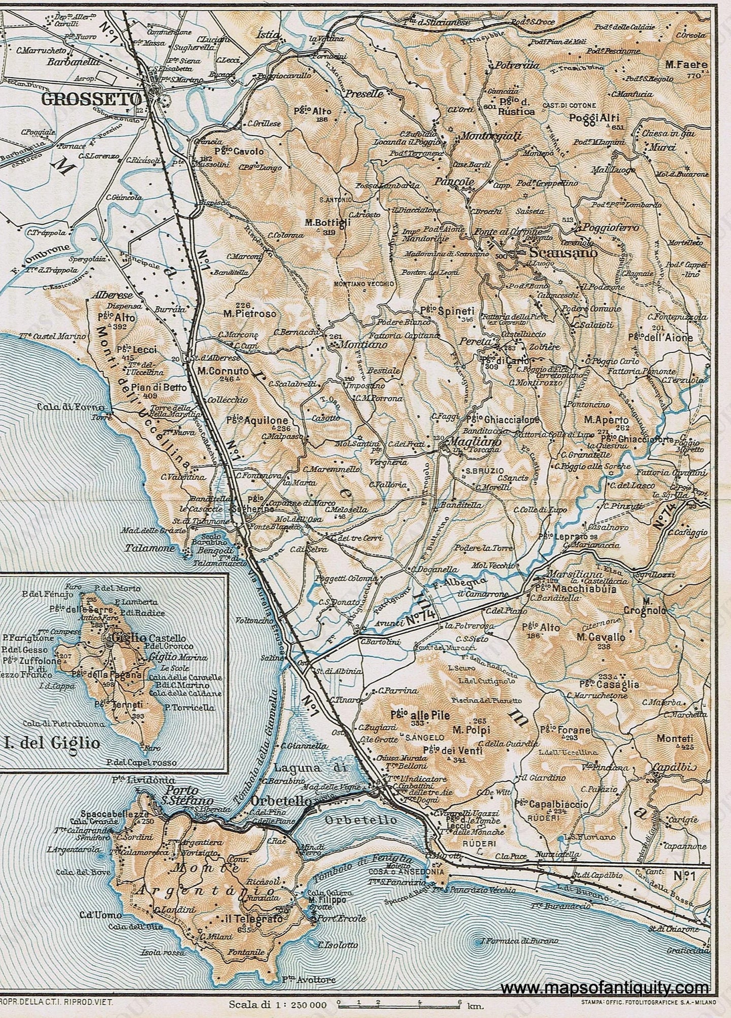 Genuine-Antique-Map--Grosseto-Italy-1935-Guida-D-italia--Maps-Of-Antiquity