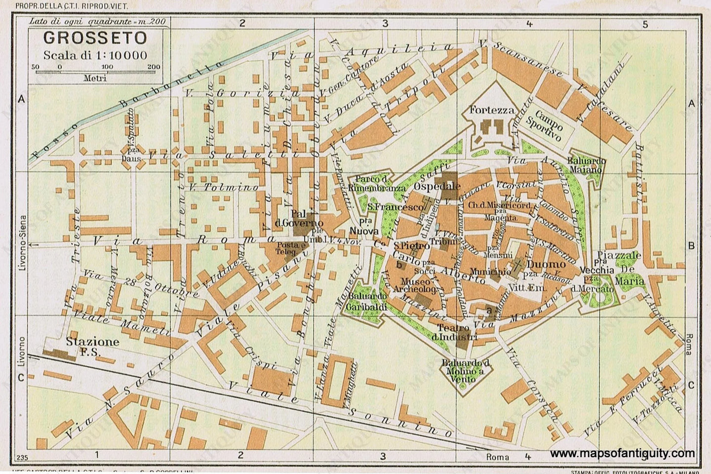 Genuine-Antique-Map--Grosseto-Italy-1935-Guida-D-italia--Maps-Of-Antiquity