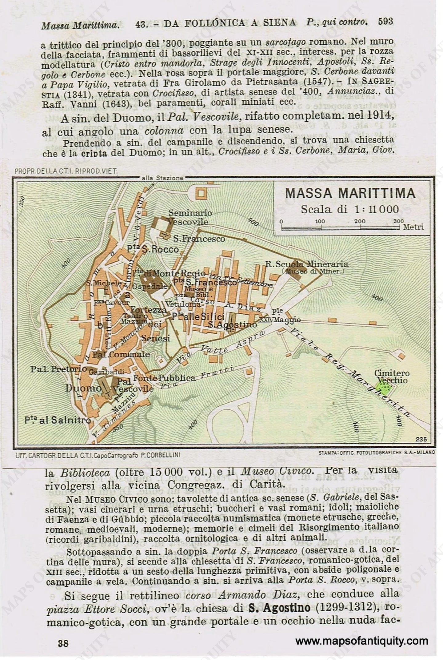 Genuine-Antique-Map--Massa-Marittima-Italy-1935-Guida-D-italia--Maps-Of-Antiquity