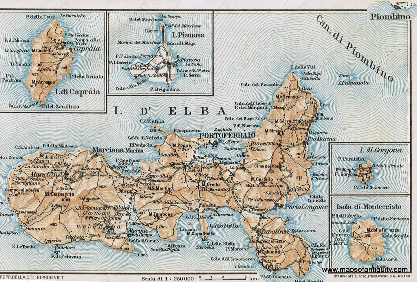 Genuine-Antique-Map--Isola-d-Elba-Italy-1935-Guida-D-italia--Maps-Of-Antiquity