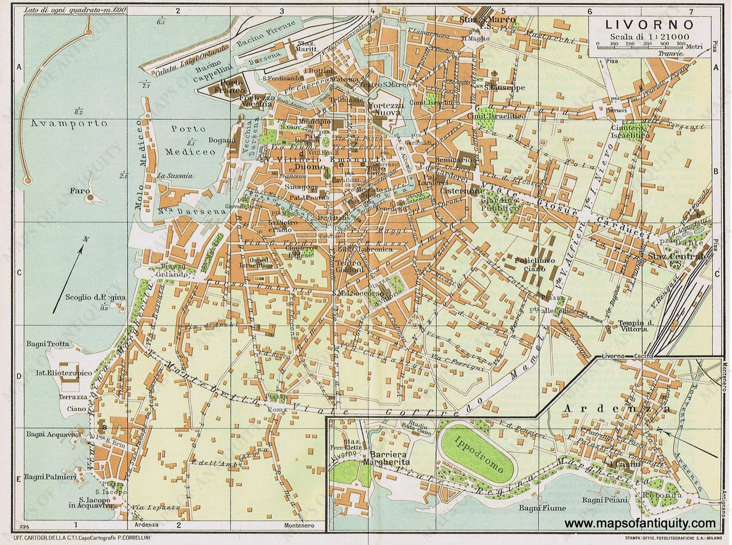 Genuine-Antique-Map--Livorno-Italy-1935-Guida-D-italia--Maps-Of-Antiquity