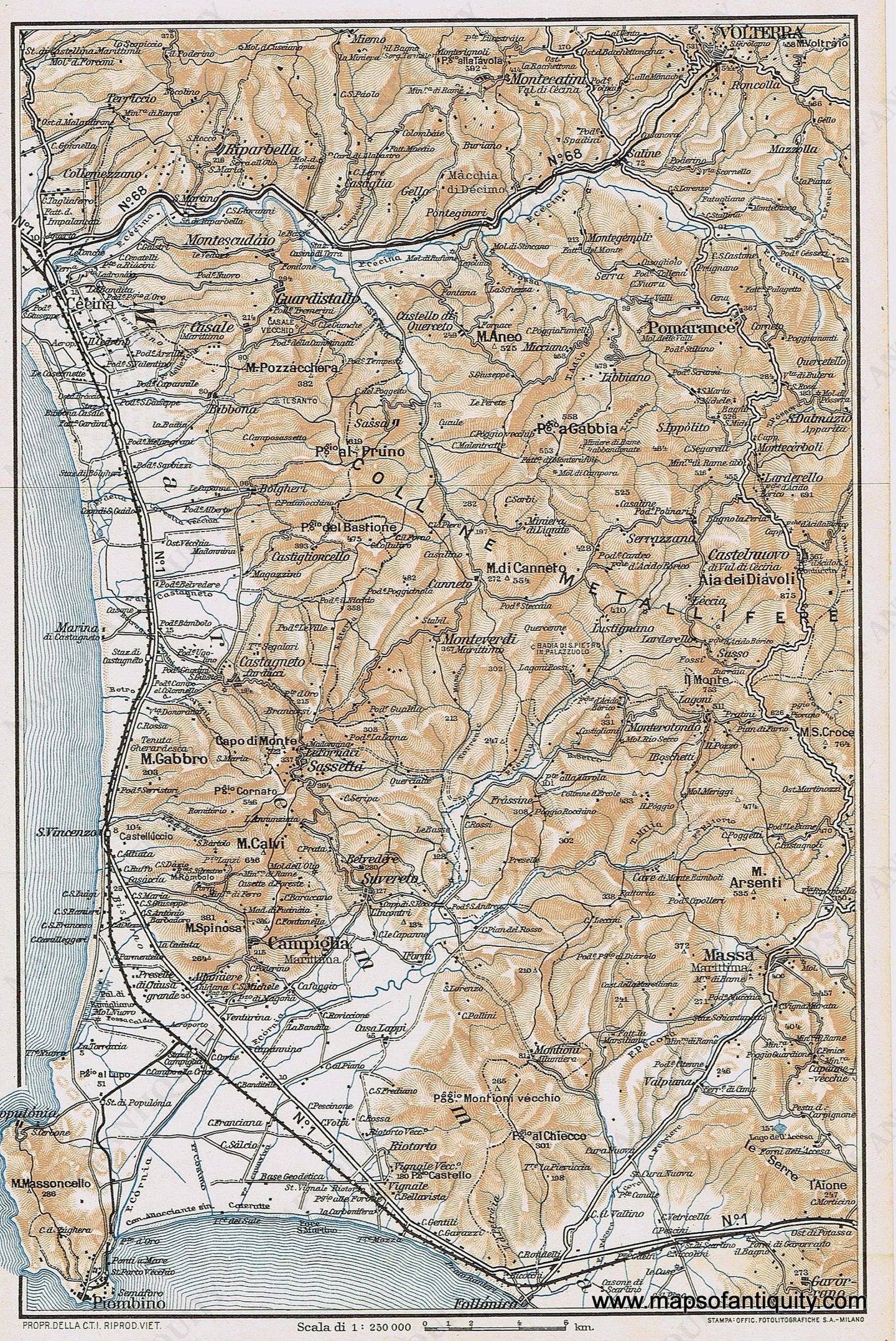 Genuine-Antique-Map--Colline-Metallifere-Italy-1935-Guida-D-italia--Maps-Of-Antiquity