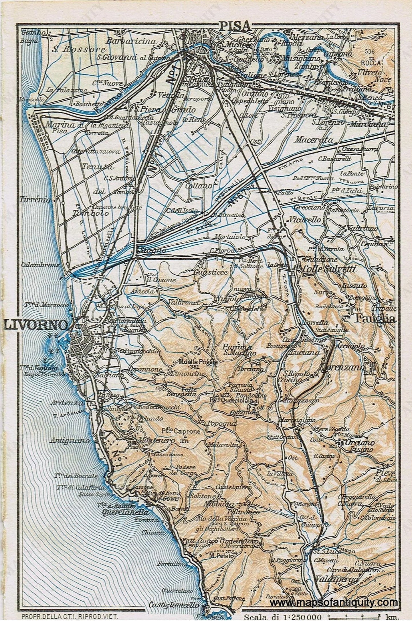 Genuine-Antique-Map--Pisa-Livorno-Italy-1935-Guida-D-italia--Maps-Of-Antiquity