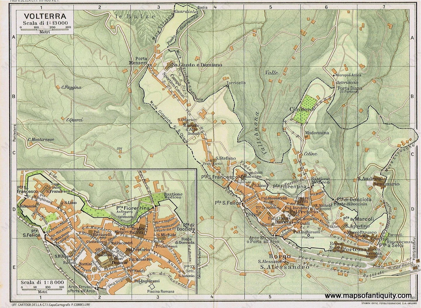 Genuine-Antique-Map--Volterra-Italy-1935-Guida-D-italia--Maps-Of-Antiquity