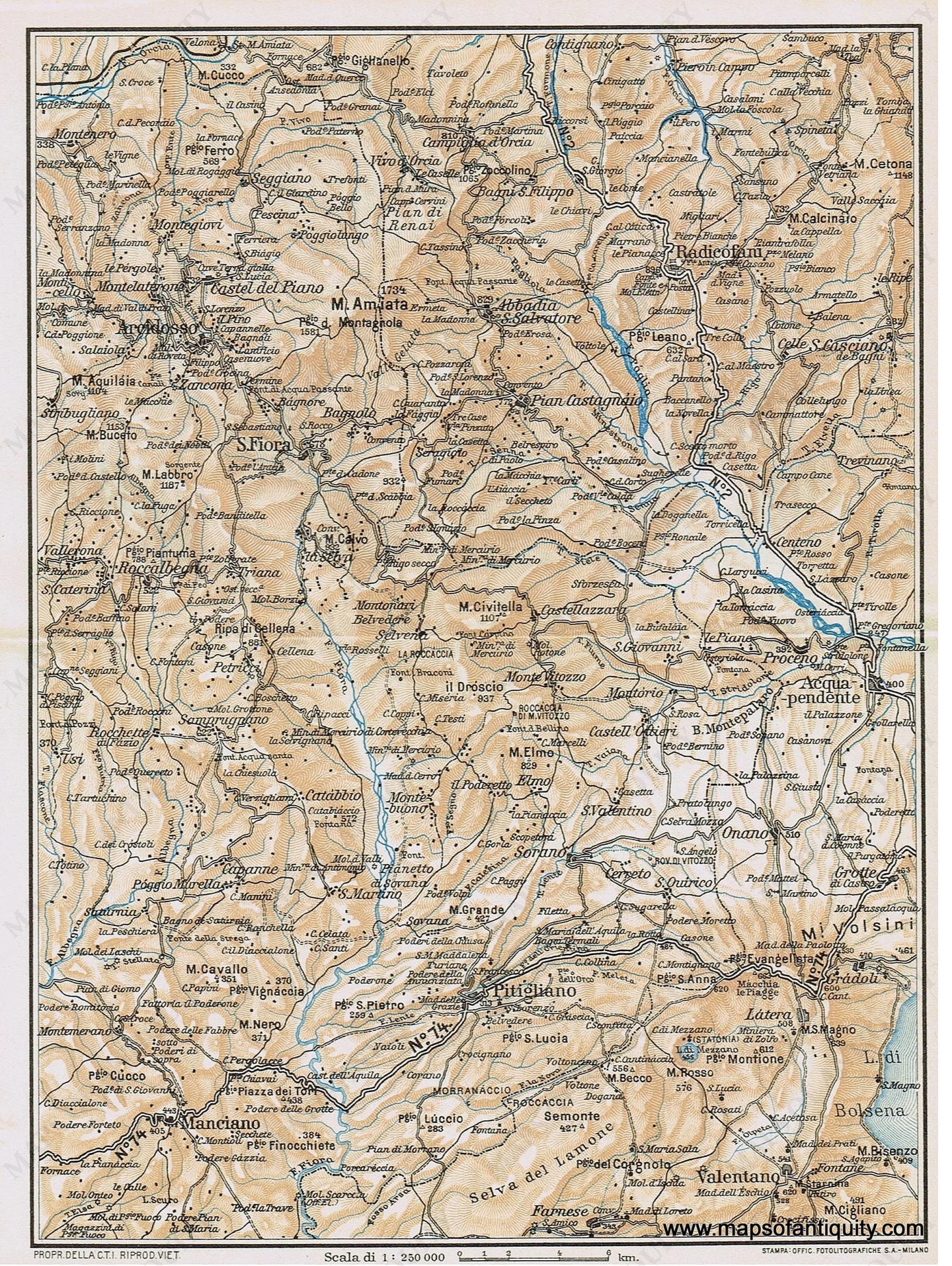 Genuine-Antique-Map--Arcidosso-Pitigliano-Italy-1935-Guida-D-italia--Maps-Of-Antiquity