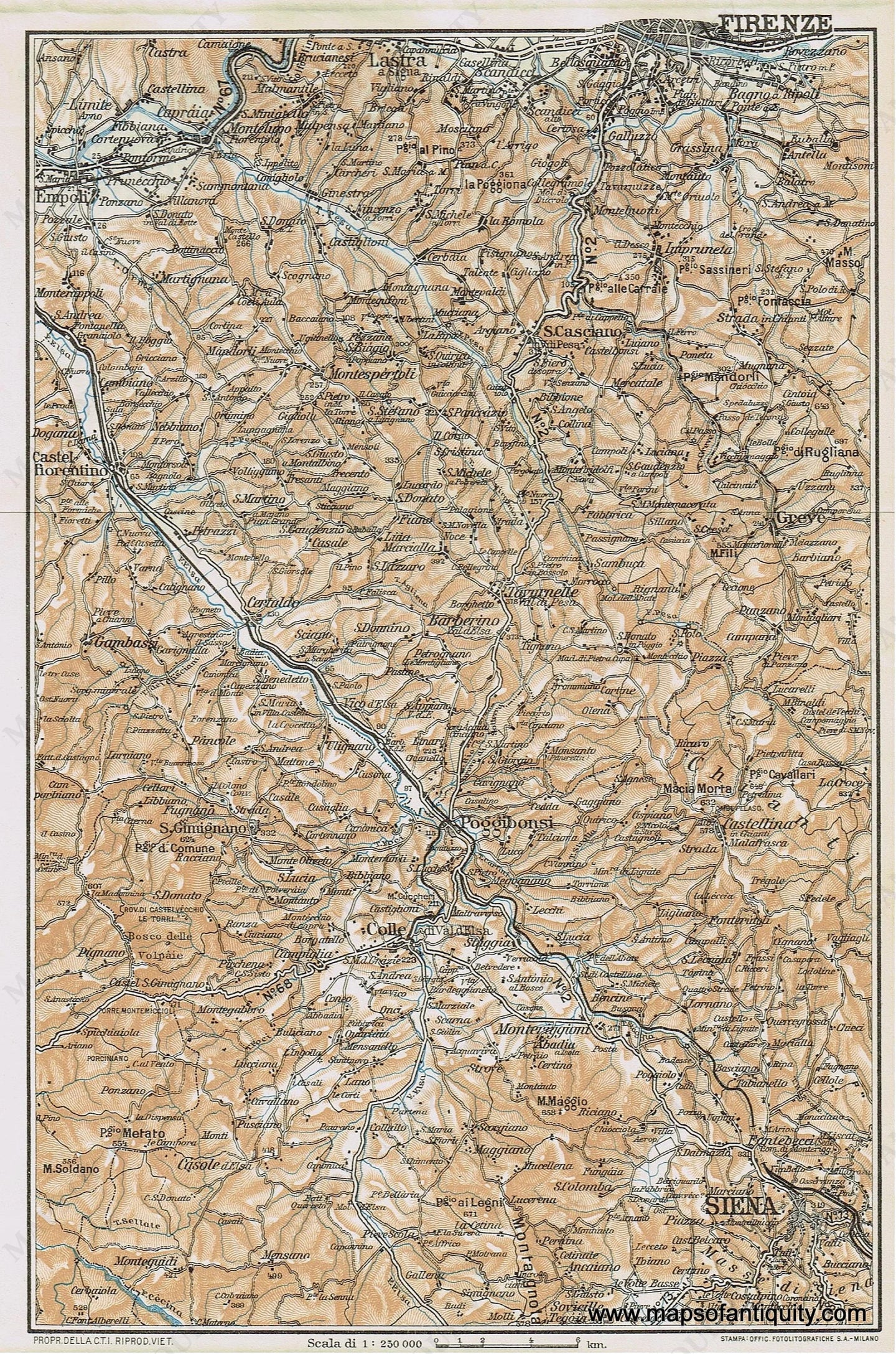 Genuine-Antique-Map--Firenze-Florence--Siena-Italy-1935-Guida-D-italia--Maps-Of-Antiquity