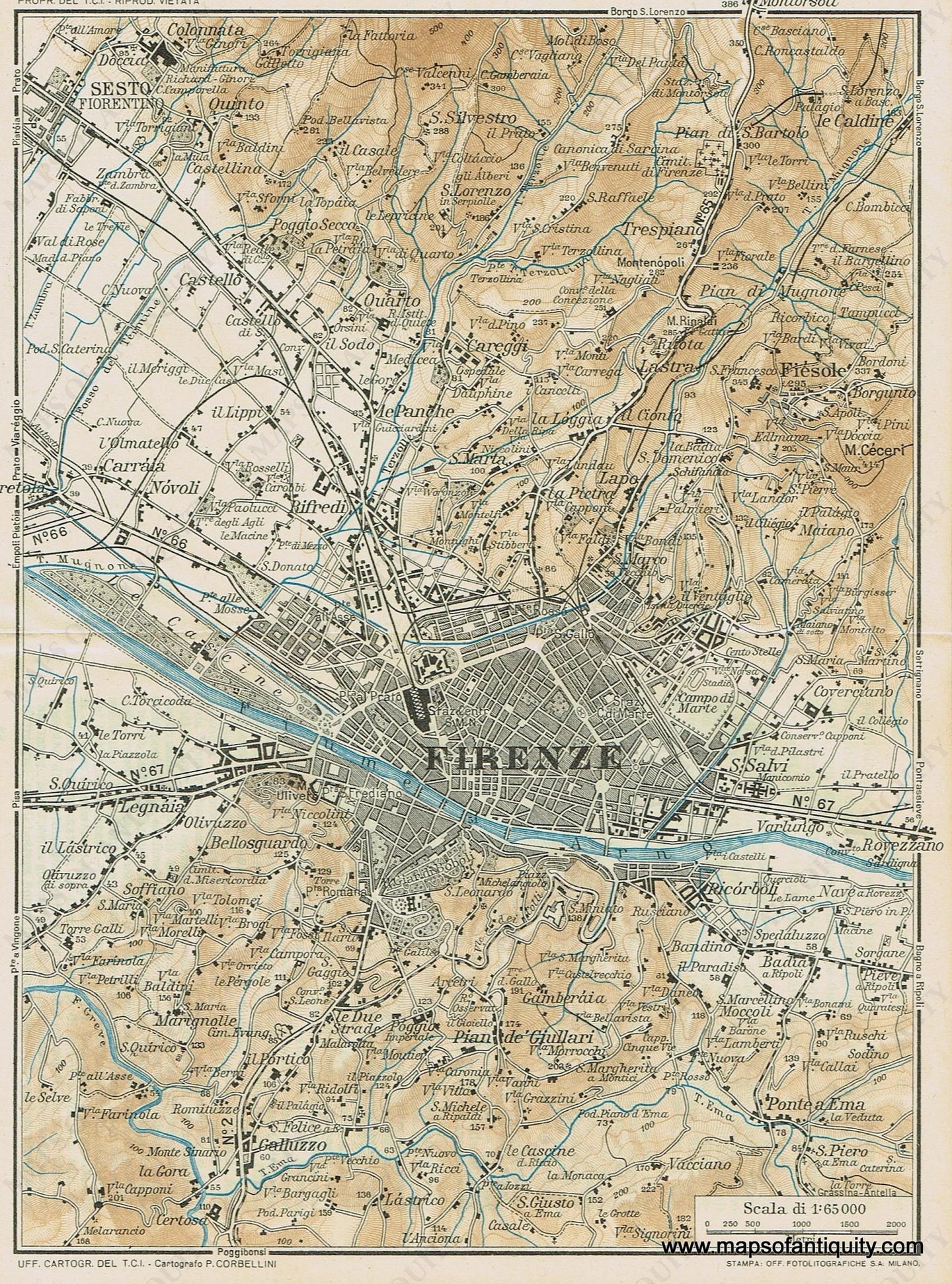 Genuine-Antique-Map--Firenze--Florence-Italy-1937-Guida-D-italia--Maps-Of-Antiquity