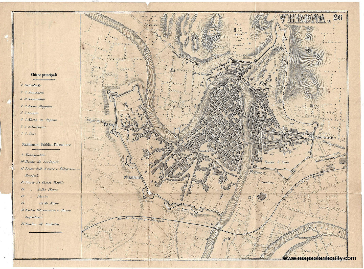 Genuine-Antique-Map-Verona-Italy--1895-Bradshaw-Maps-Of-Antiquity