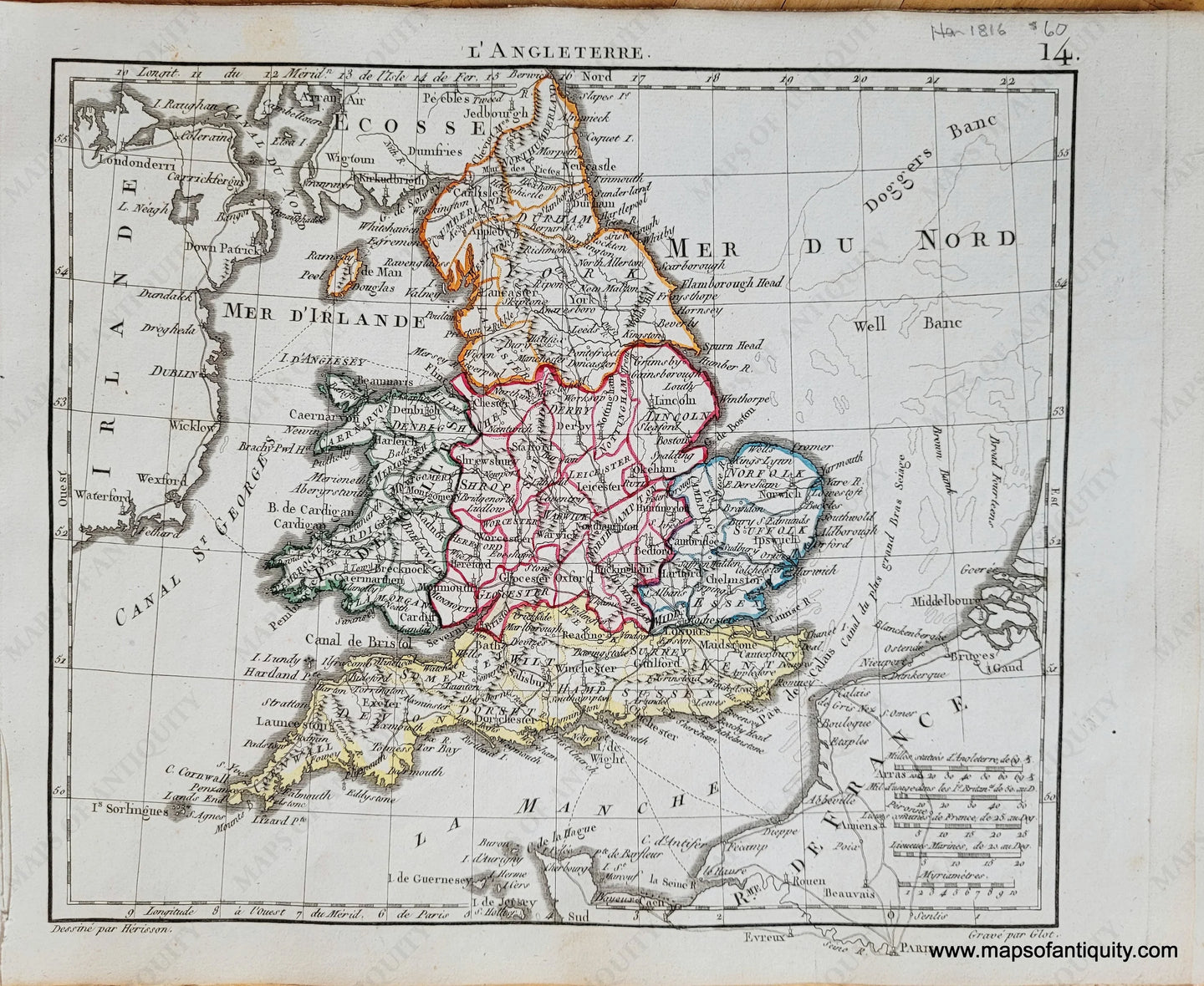 Genuine-Antique-Map-England-Wales-LAngleterre-England-Wales-1816-Herisson-Maps-Of-Antiquity-1800s-19th-century