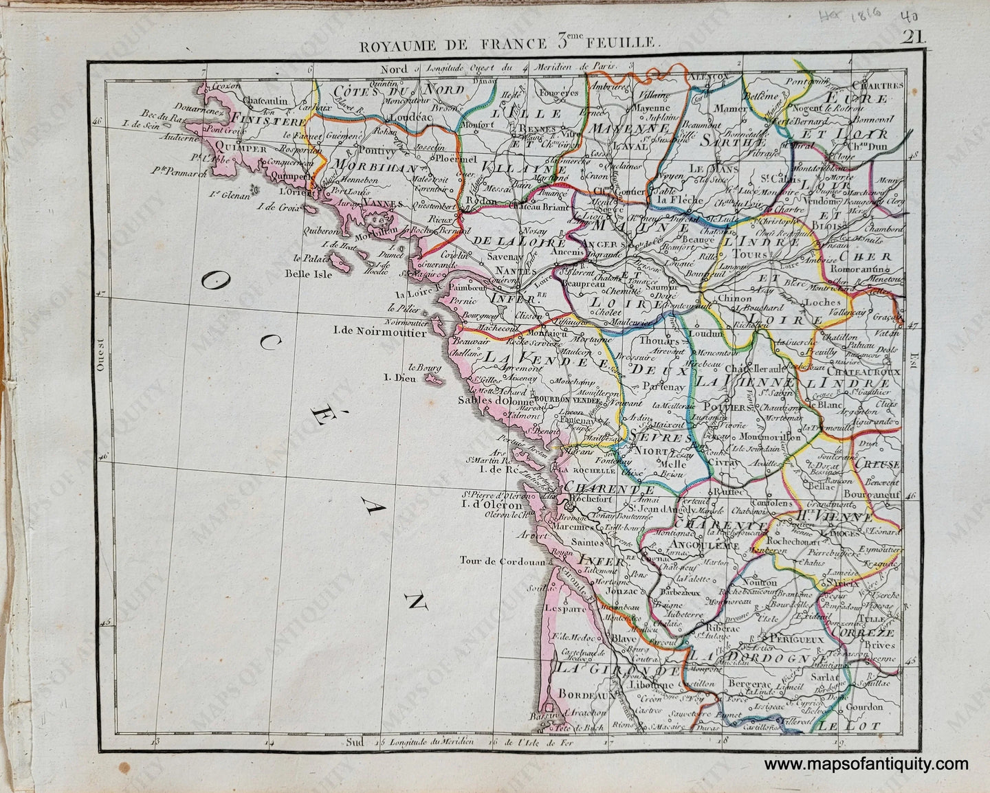 Genuine-Antique-Map-France-in-6-sheets-Sheet-3-Royaume-de-France-3eme-Feuille-France-1816-Herisson-Maps-Of-Antiquity-1800s-19th-century