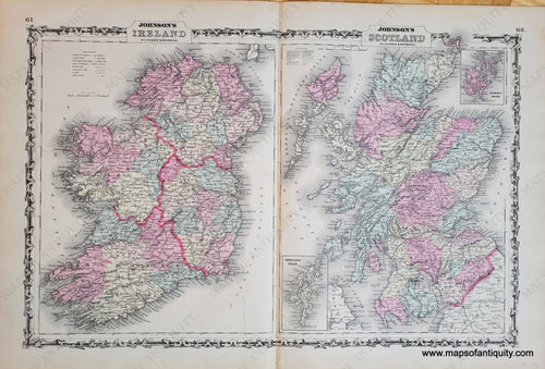 Genuine-Antique-Map-Johnsons-Ireland-Johnsons-Scotland-Ireland-Scotland-1861-Johnson-Browning-Maps-Of-Antiquity-1800s-19th-century