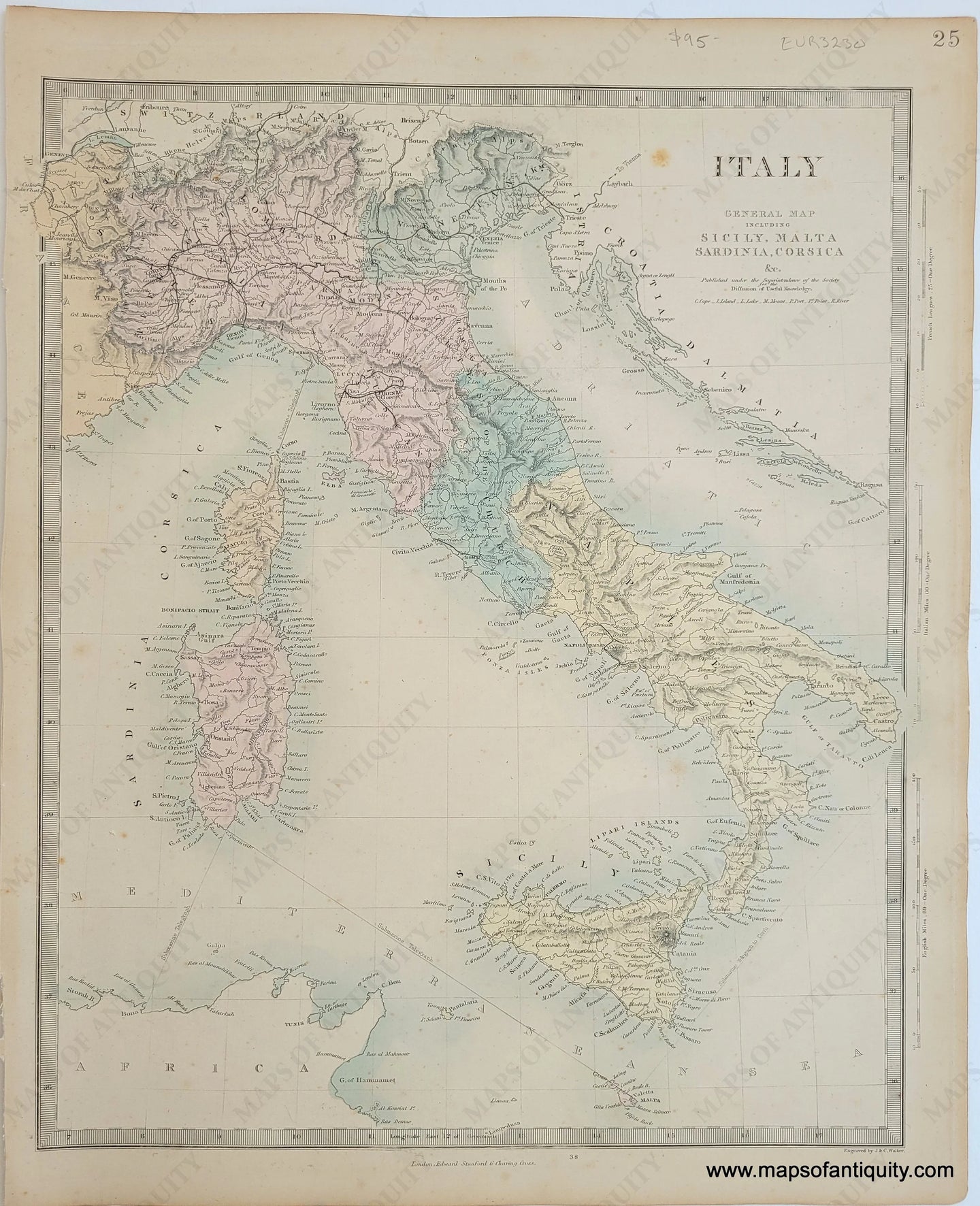 Genuine-Antique-Map-Italy-General-Map-Including-Sicily-Malta-Sardinia-and-Corsica-&c--Italy--1860-SDUK-Society-for-the-Diffusion-of-Useful-Knowledge-Maps-Of-Antiquity-1800s-19th-century