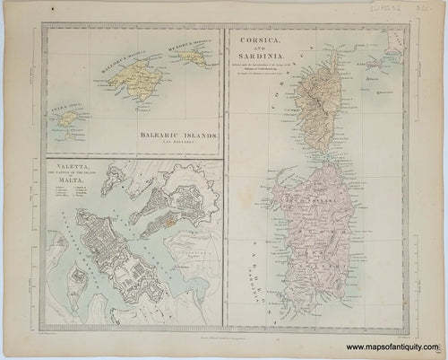 Genuine-Antique-Map-Balearic-Islands-Las-Baleares--Valetta-the-Capital-of-the-Island-of-Malta-Corsica-and-Sardinia-Italy--1860-SDUK-Society-for-the-Diffusion-of-Useful-Knowledge-Maps-Of-Antiquity-1800s-19th-century