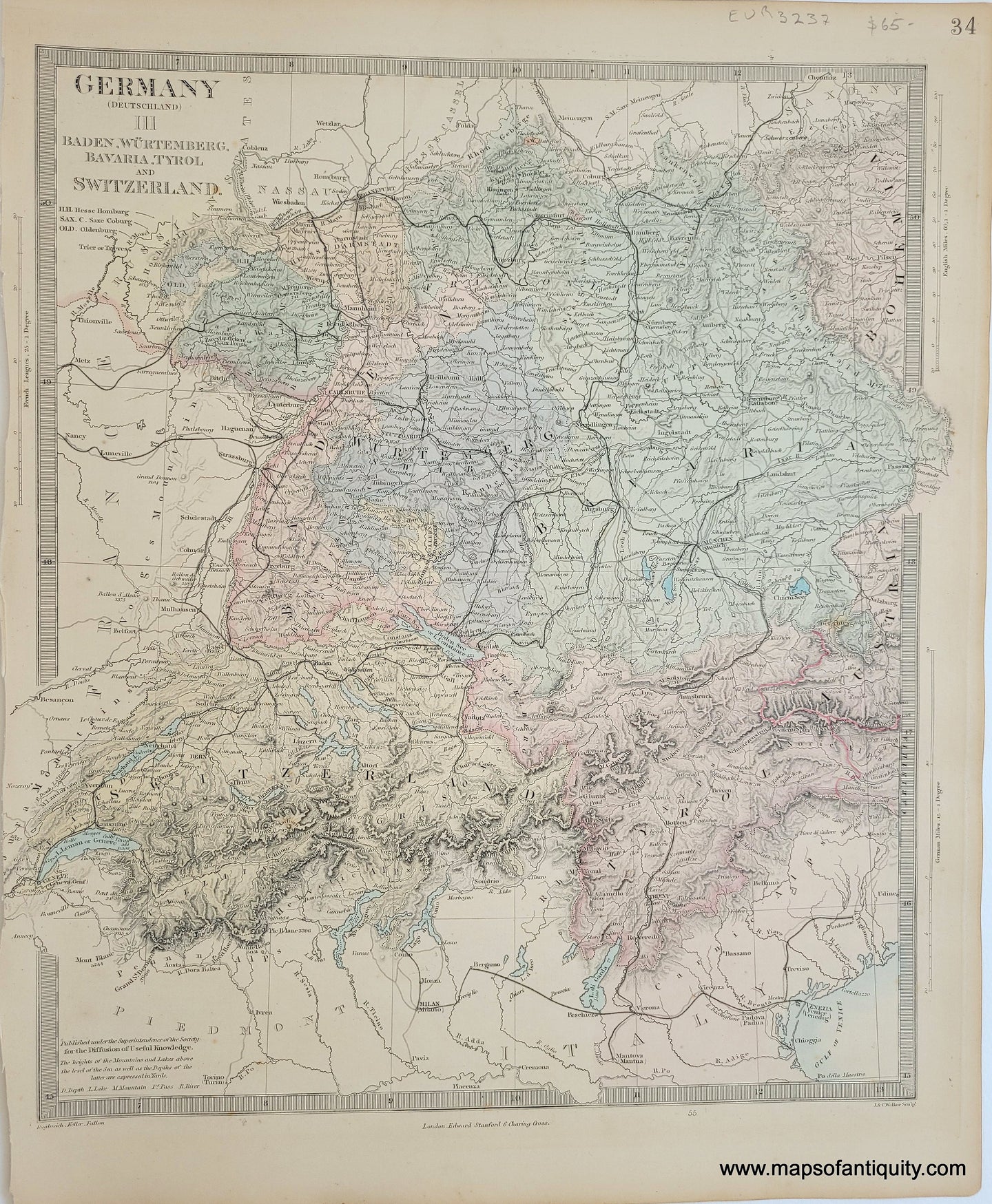 Genuine-Antique-Map-Germany-Deutschland-III-Baden-Wurtemberg-Bavaria-Tyrol-and-Switzerland-Germany--1860-SDUK-Society-for-the-Diffusion-of-Useful-Knowledge-Maps-Of-Antiquity-1800s-19th-century