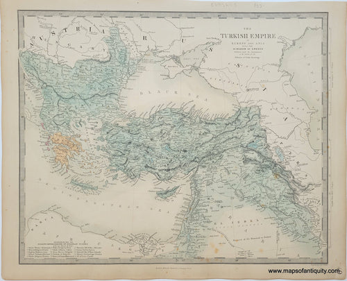 Genuine-Antique-Map-The-Turkish-Empire-in-Europe-and-Asia-with-the-Kingdom-of-Greece-Turkey-the-Mediterranean--1860-SDUK-Society-for-the-Diffusion-of-Useful-Knowledge-Maps-Of-Antiquity-1800s-19th-century