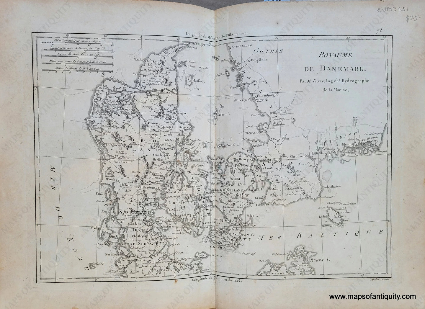 Genuine-Antique-Map-Denmark---Royaume-de-Danemark-1788-Bonne-Desmarest-Maps-Of-Antiquity