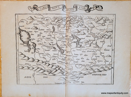 Antique map of Switzerland, woodblock print, black and white, medieval, alps at the top with mountains shown pictorially as if a bird's eye view. Germanic medieval text font, graphic style. Tolkien could have used this map as a style reference- it's quite similar!