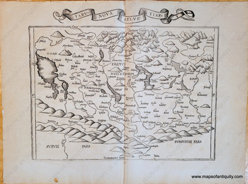 Antique map of Switzerland, woodblock print, black and white, medieval, alps at the top with mountains shown pictorially as if a bird's eye view. Germanic medieval text font, graphic style. Tolkien could have used this map as a style reference- it's quite similar!