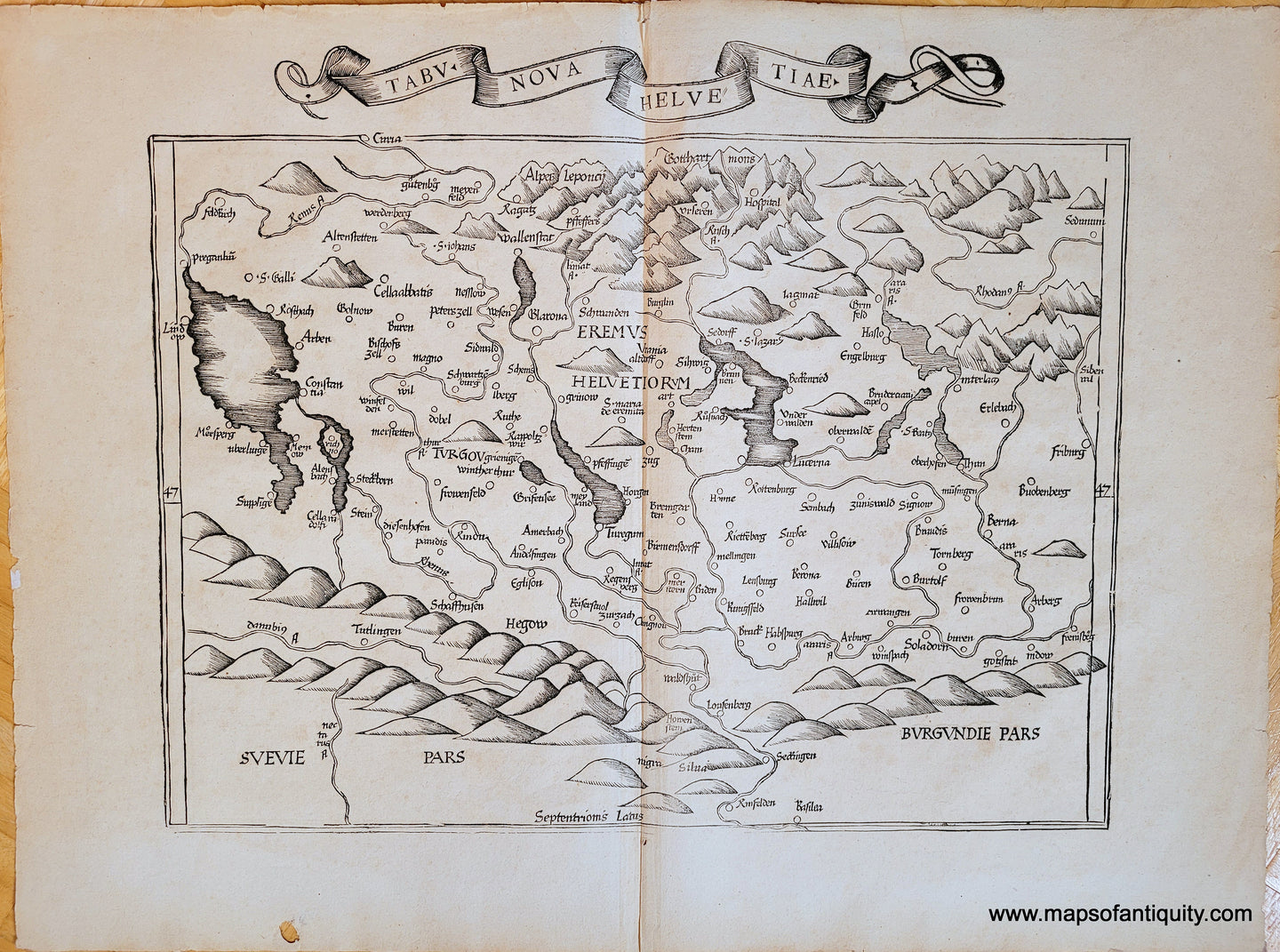 Antique map of Switzerland, woodblock print, black and white, medieval, alps at the top with mountains shown pictorially as if a bird's eye view. Germanic medieval text font, graphic style. Tolkien could have used this map as a style reference- it's quite similar!