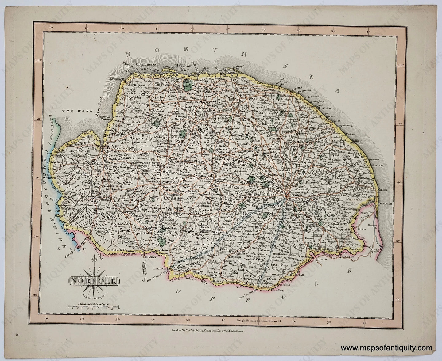 Original color. Yellow outline, orange roads, green parks and estates, peach page border. Antique-Hand-Colored-Map-Norfolk-1787-John-Cary-England--1700s-18th-century-Maps-of-Antiquity