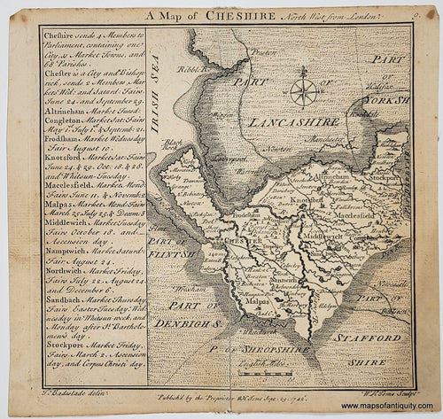 Genuine-Antique-Map-A-Map-of-Cheshire-North-West-from-London-1742-Toms-Maps-Of-Antiquity