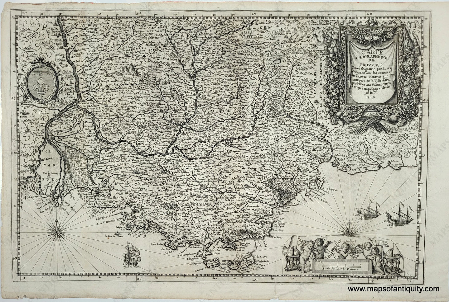 Genuine-Antique-Map-French-Riviera---Carte-Geographique-de-Provence-tracee-gravee-par-Louis-Cundier-sur-les-Memoires-de-Jacques-Maretz-1640-Louis-Cundier-Maps-Of-Antiquity