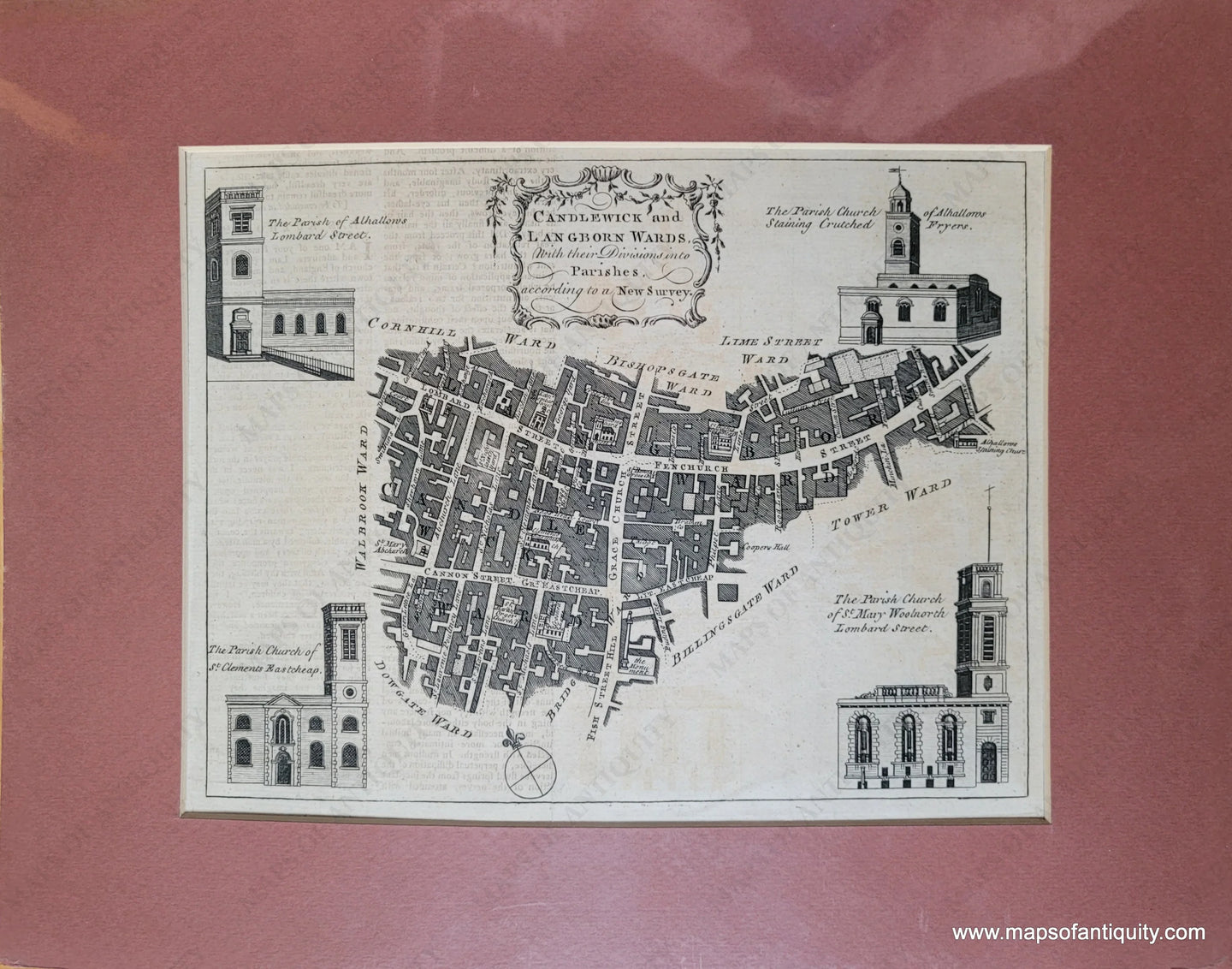 Genuine-Antique-Map-Candlewick-and-Langborn-Wards-with-their-Divisions-into-Parishes-according-to-a-New-Survey-1770-London-Magazine-Maps-Of-Antiquity