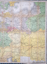 Load image into Gallery viewer, Close-up of the right side of the Antique map of Germany and surrounding. ANtique tones of green, pink, yellow, orange, purple to indicate political boundaries.
