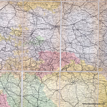 Load image into Gallery viewer, Close-up of part of the Antique map of Germany and surrounding with Berlin. ANtique tones of green, pink, yellow, orange, purple to indicate political boundaries.
